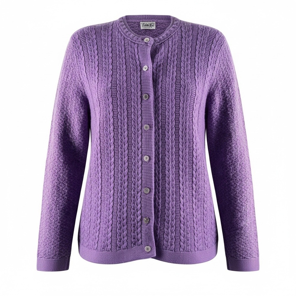 Vintage 80s Cuddle Knit Cardigan L Purple Cable Knit USA Made Grandmacore